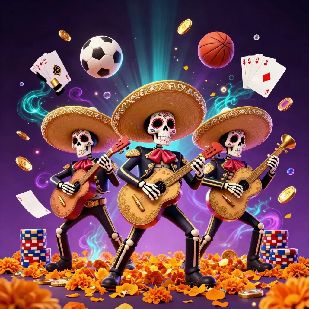 Skeleton mariachi trio amid flying casino chips, coins, cards, and sports balls in neon light.
