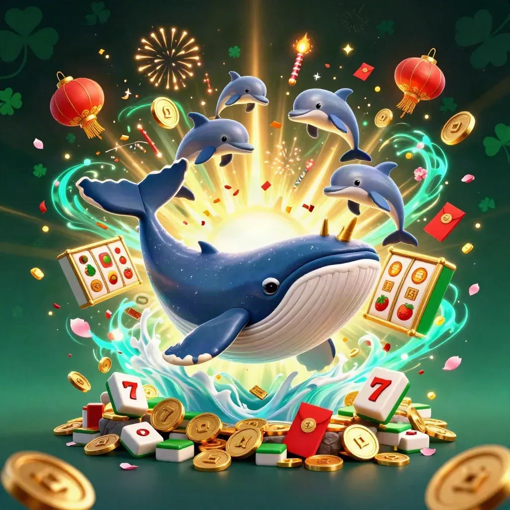 Whale captain, narwhal, and dolphins burst from coins with lanterns, jade coins, and cyan magic.