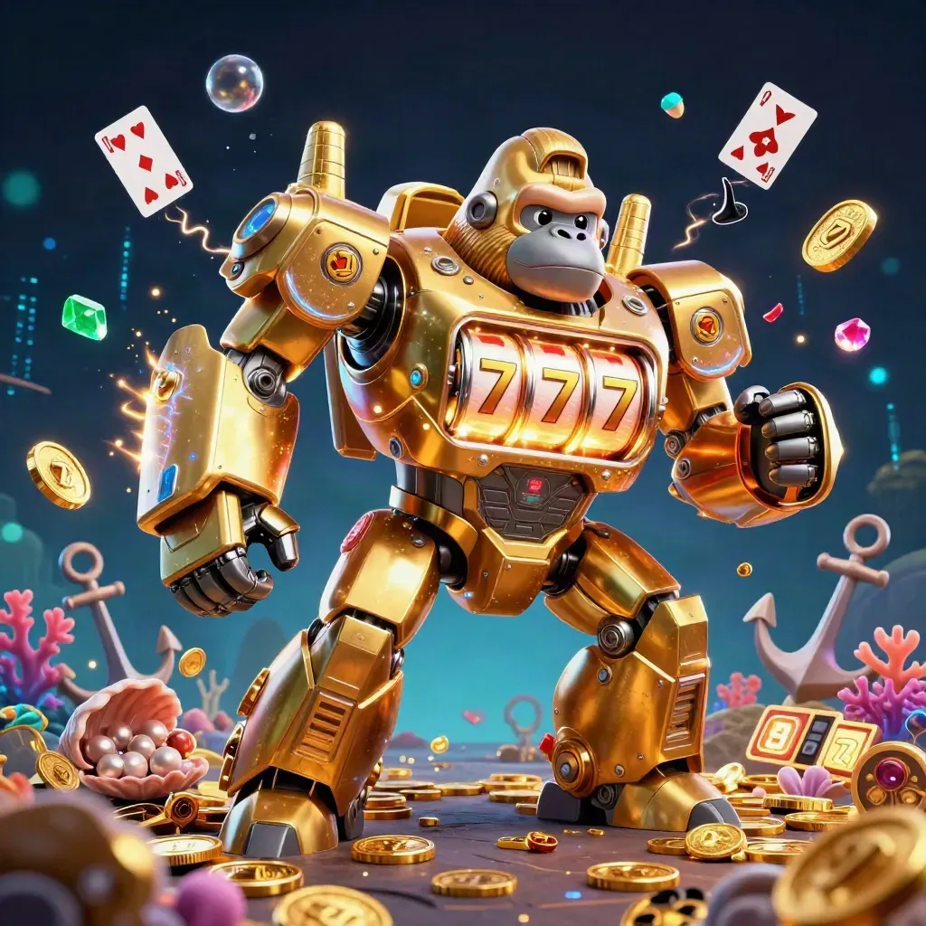 Golden gorilla slot mech bursts through an underwater treasure cove with cyan energy.