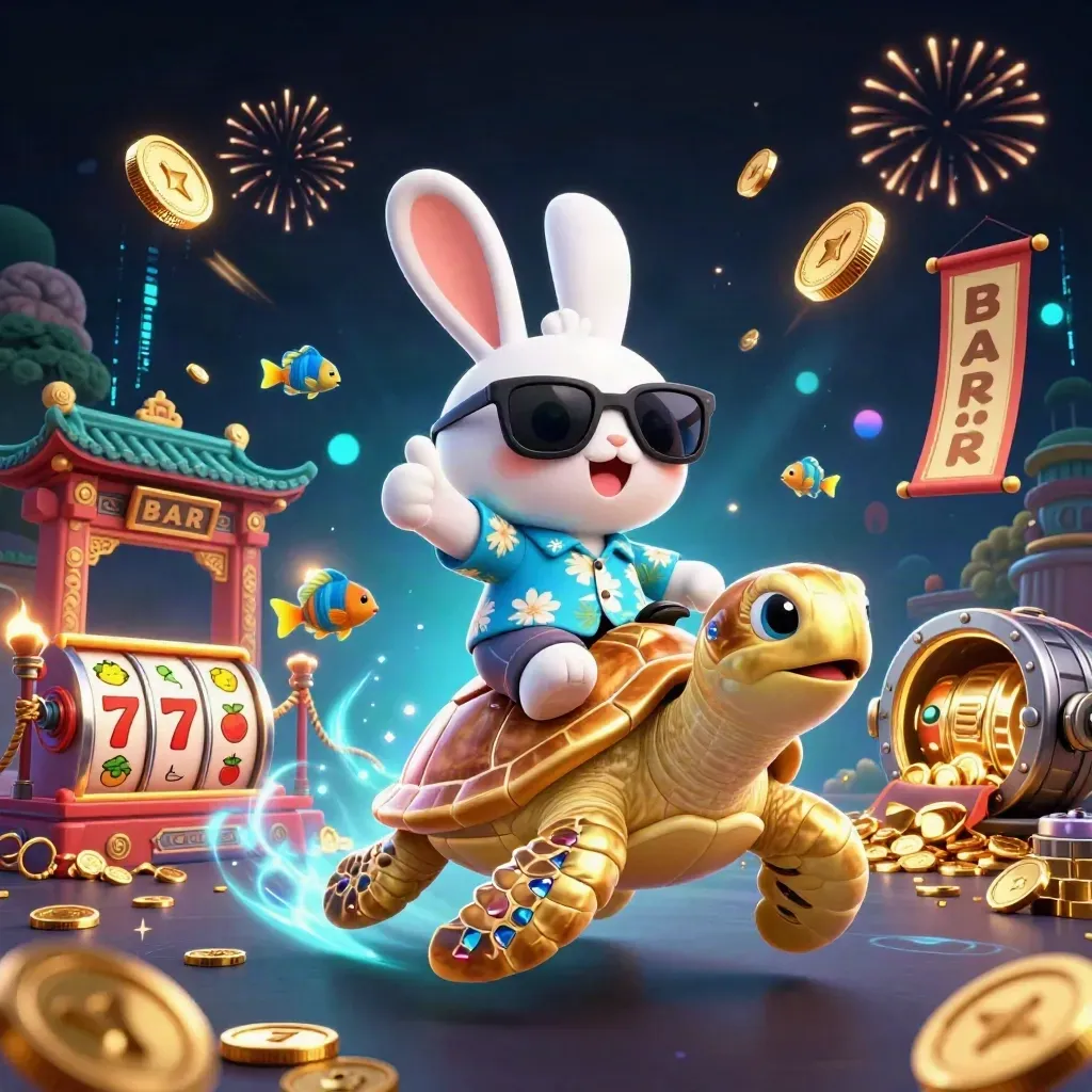 Cartoon rabbit rides a jeweled turtle amid coins, reels, fireworks, and neon casino magic.